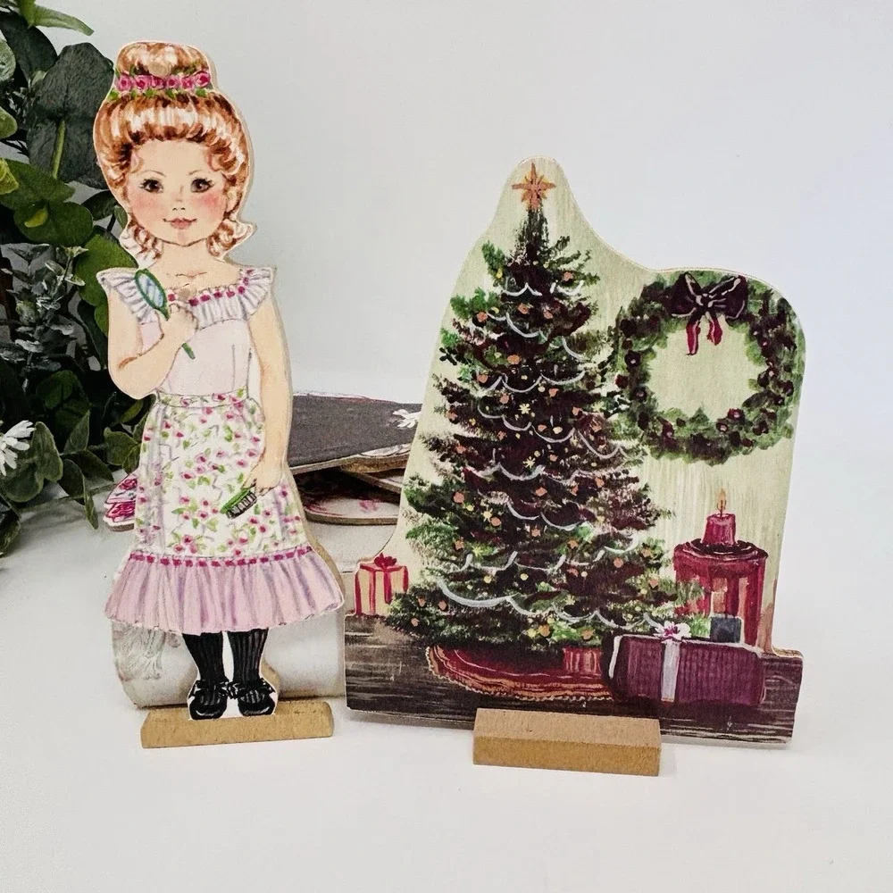 Vintage Wooden Paper Dolls Victorian Dress Up & Fireplace Lot Cottagecore